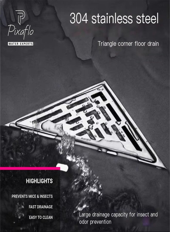 Pixaflo Triangular Corner Drain Strainer | 20 x 20 x 28 cm | 304 Stainless Steel Shower Water Drain Channel | Floor Drain Jali with Collar | Center Hole - Image 3